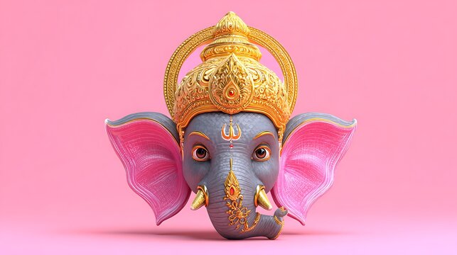 Digital render of a whimsical, stylized elephant-headed deity, ornate crown, against a pink backdrop
