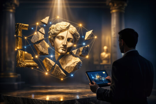 Tokenized cultural heritage gallery scene with fractional ownership of classical sculpture shard network and curator tablet displaying digital provenance data for NFT 2.0 art investment