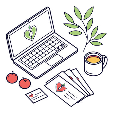 Work from home setup with laptop and apple remote work home office flat design documents