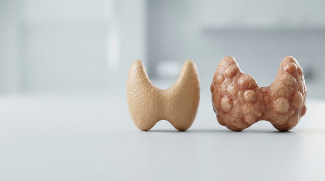 Balanced thyroid is essential for health as it helps distinguish between hyper and hypothyroidism conditions shown by normal and diseased thyroid models in this medical concept