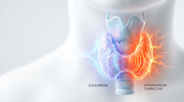 Balanced thyroid health concept showing difference between hyper and hypothyroidism with glowing gland illustration highlighting overactive and normal states in neck area