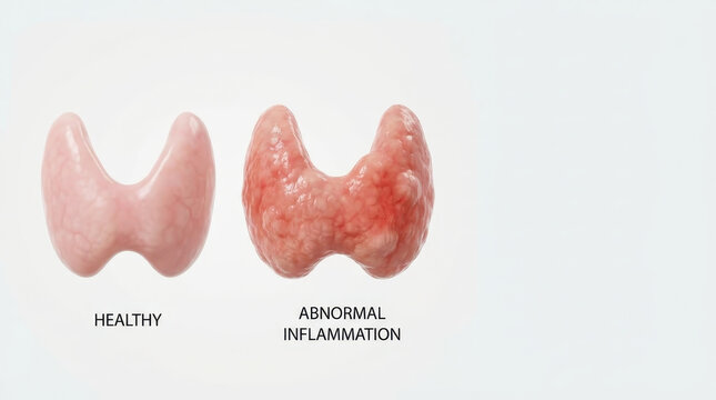 Balanced thyroid vs hyper and hypothyroidism conditions shown with healthy and abnormal inflammation thyroid gland comparison for medical education and awareness