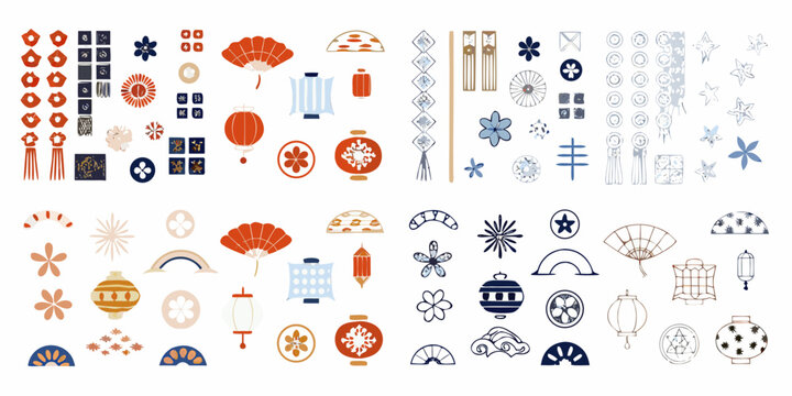 japanese festival elements icons and symbols lanterns fans and floral motifs