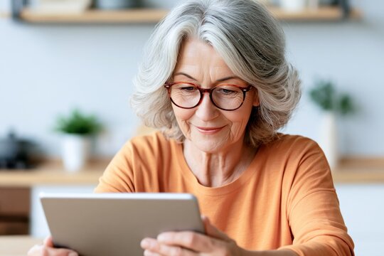 Senior woman using tablet at home. Smiling elderly person with glasses, warm light and soft kitchen background.