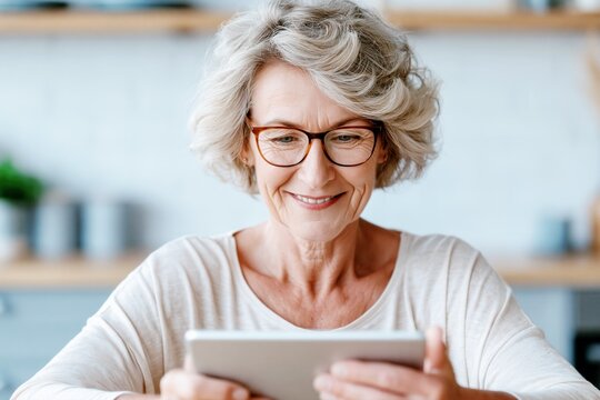 Senior woman using tablet at home. Smiling elderly person with reading glasses, warm light and simple kitchen background.