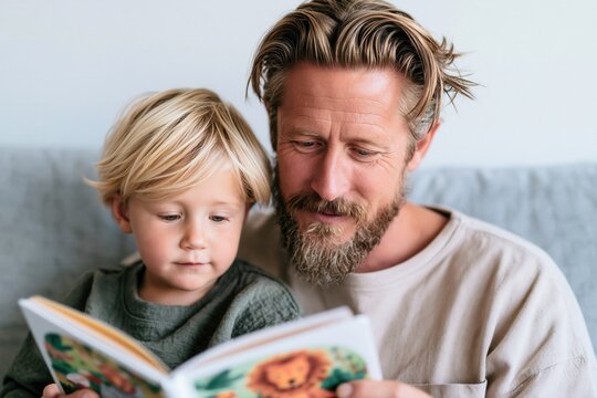 Father reading picture book with young child. Cozy family scene in living room, warm bonding moment with story time.