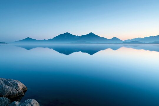 Calm mountain lake at blue hour. Smooth reflective water, gentle mist and distant peaks under a cool sky.