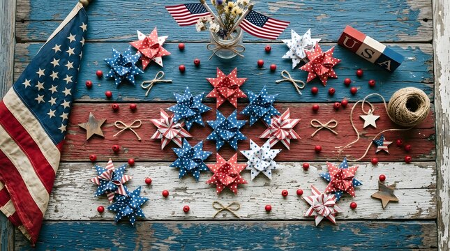 Festive 4th of july celebration american flags paper stars and patriotic decor still life
