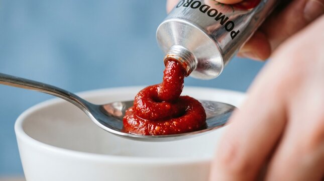 Close-up of Tomato Paste Being Squeezed onto a Spoon.