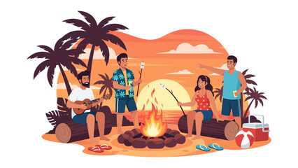 Tropical Beach Bonfire Bliss: Friends gather around a crackling bonfire on a sandy beach, silhouetted palm trees and a vibrant sunset creating a warm, inviting atmosphere for a memorable evening. © Mohiuddin123