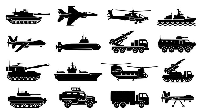 Defense and military vehicle silhouette icon pack vector illustration
