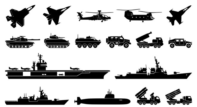 Army aviation and naval military silhouette vector icon collection