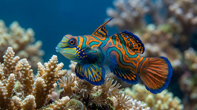 A small mandarin dragonet fish with intricate orange, blue, and green patterns swimming near a textured coral reef underwater