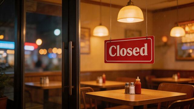 Restaurant interior with closed sign symbolizing conceptual art and dynamic energy