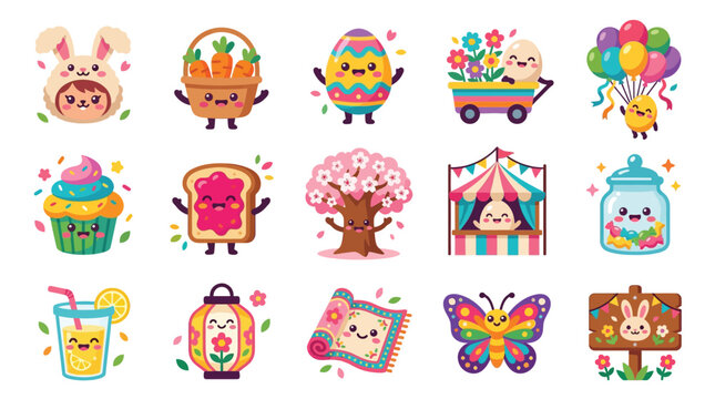 A delightful collection of cute, kawaii-style illustrations featuring Easter and spring themes, including a bunny, basket of carrots, decorated egg, and blooming tree.