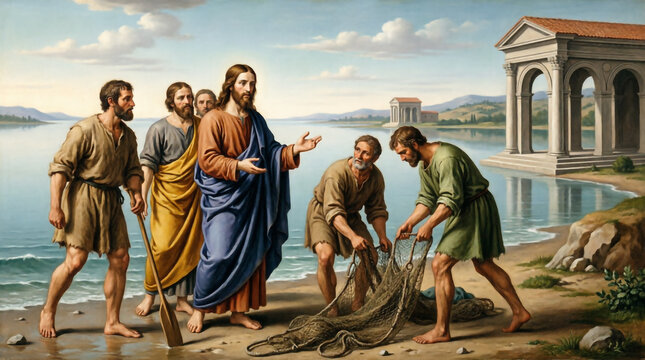 Jesus teaches the parable of the net to fishermen disciples on a peaceful shore.
