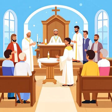 Religious gathering with figures inside a church with a cross vector illustration