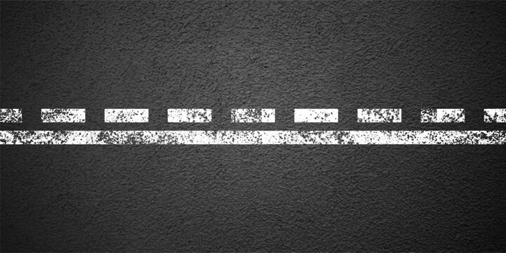 Asphalt road with white lane marking, concrete highway surface, texture. Street traffic line, road dividing strip. Pattern with grainy structure, grunge stone background. Vector illustration