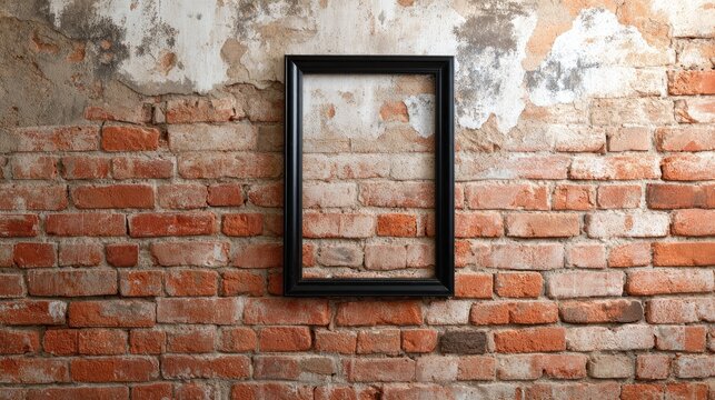 Empty black frame on brick wall.