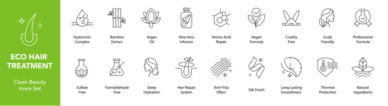 Hair treatment line art icon set, clean beauty cosmetic symbols collection, natural skincare