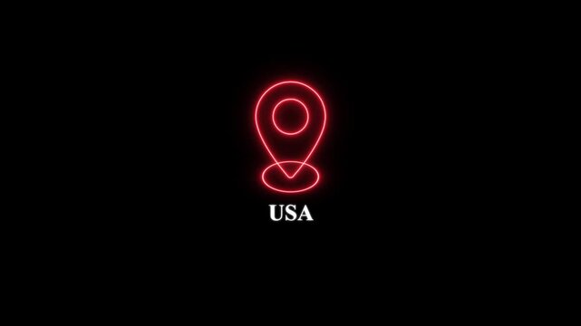 Glowing red neon map pin with usa text label on black background, for travel, logistics, and navigation concepts