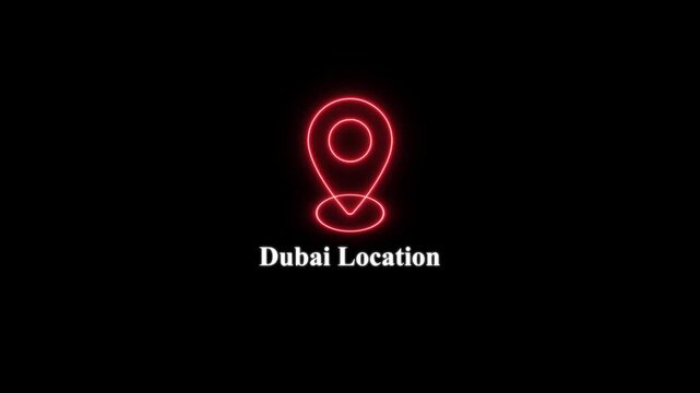 Neon red dubai location map pin animation on black background, for travel, tourism, and navigation projects