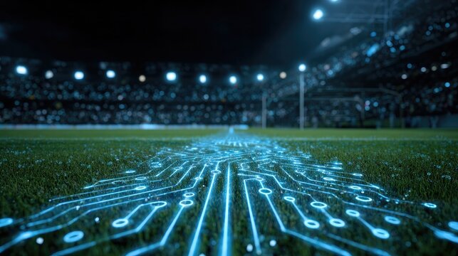 Futuristic Digital Grid on a Sports Field at Night.