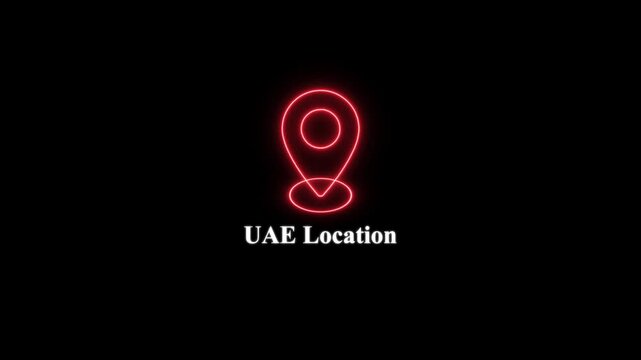 Uae location neon map pin animation, united arab emirates travel destination concept on black background