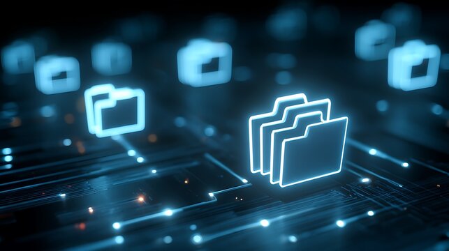 Glowing blue file folders floating on a circuit board background, suggestive of data