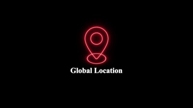 Glowing red neon map pin animation with global location text for digital navigation and travel concepts