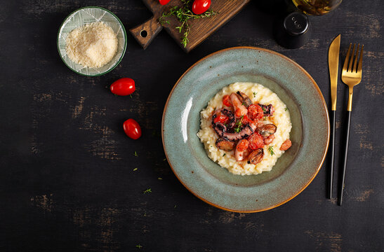 Gourmet Italian Risotto with Mixed Seafood Flat Lay