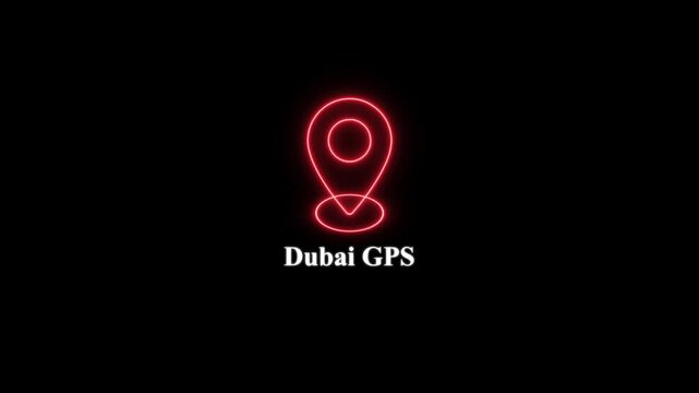 Dubai gps location marker neon sign animation, travel navigation concept and digital map pin for uae tourism