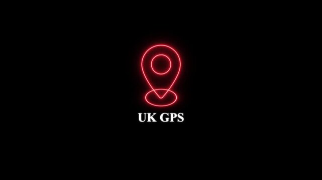 Neon uk gps map pin animation for travel, logistics, and location services on black background, united kingdom