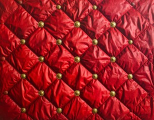Naklejka premium A close-up view presents a quilted, crimson textile. Brass-colored buttons punctuate the diamond pattern, creating a textured design