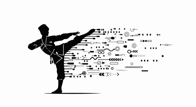 Martial artist in silhouette performs a dynamic kick with abstract digital energy flowing outwards.