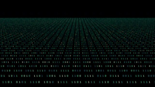 Digital Data Code Rows on Computer Screen with Binary Numbers and Green Text