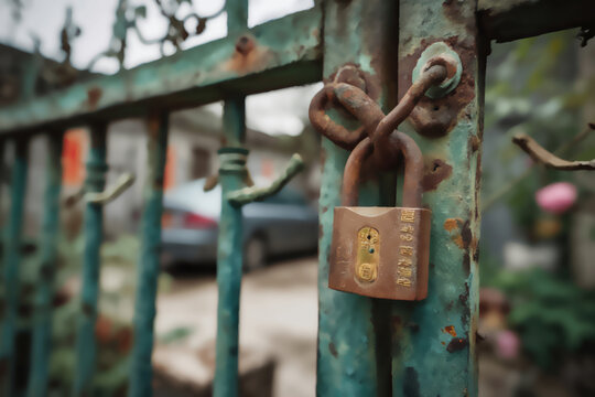 Rusty padlock securing a weathered green gate, with blurred urban background