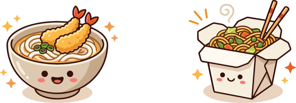 Cute Kawaii Asian Food Vector Illustration Featuring Tempura Udon Bowl and Takeout Noodle Box Characters