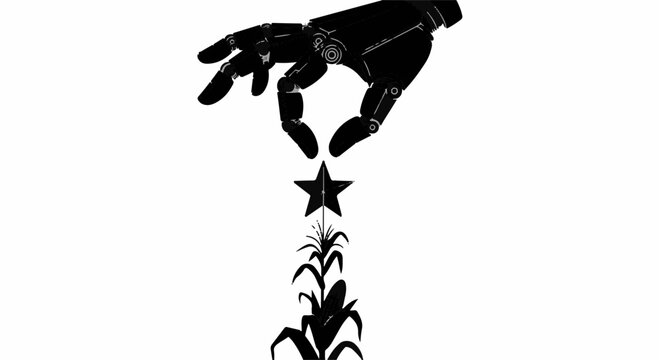 Robotic hand carefully placing a star atop a growing corn stalk, symbolizing innovation and progress