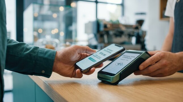 Customer using smartphone for contactless payment at coffee shop counter, digital wallet transaction, cashless society, mobile banking, NFC technology, retail service, fast food