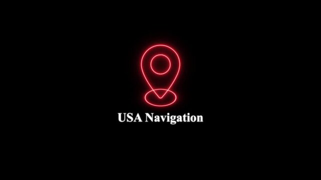 Usa navigation neon map pin animation: digital location tracking and travel technology concept for web