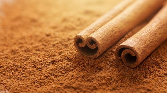 Cinnamon stick and grounded powder on brown background. Raw condiment for aromatic seasoning and baking. Dried bark of tropical tree for food ingredient and culinary flavoring.