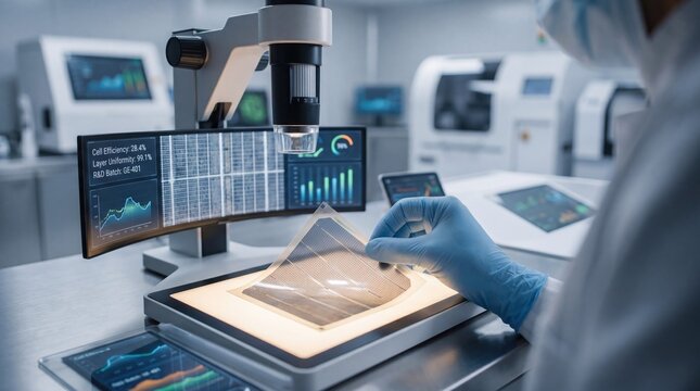 Laboratory technician inspecting flexible solar cell material under microscope with digital efficiency metrics displayed on curved monitor in high tech research facility