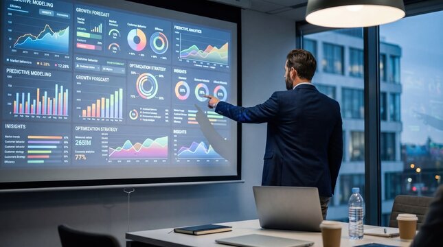 Corporate executive presenting growth forecast and predictive analytics on a large projection screen during a meeting, pointing at charts and graphs to explain market trends and