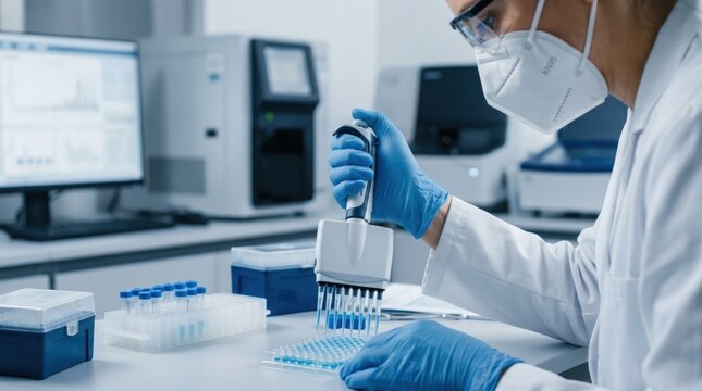 Scientist in a white coat and protective mask using a multichannel pipette to transfer liquid into test tubes in a modern medical laboratory, conducting biological research or