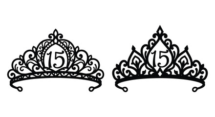 Two ornate tiaras with number fifteen black silhouette © Rakib