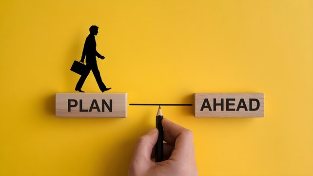 A hand holding a pen connecting plan and ahead blocks with a businessman silhouette on a yellow background