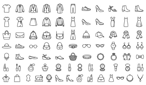 Fashion Clothing, Accessories and Apparel Line Icon Collection Vector
