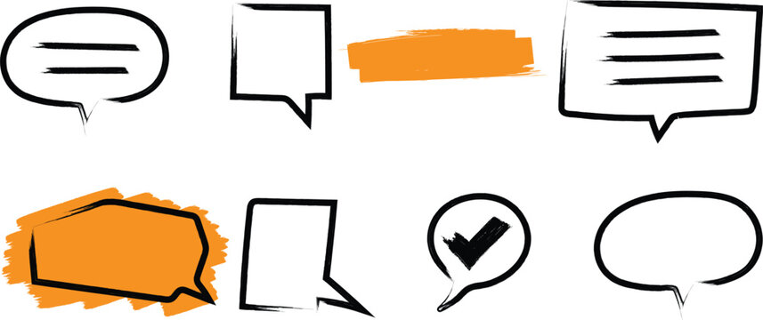 Hand drawn sketch speech bubble set, vector illustration of black dialogue comic balloons with orange highlight strokes isolated on white background