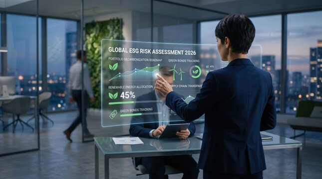 Business executive interacting with futuristic holographic display showing global ESG risk assessment and portfolio decarbonization roadmap in modern glass-walled office at dusk,